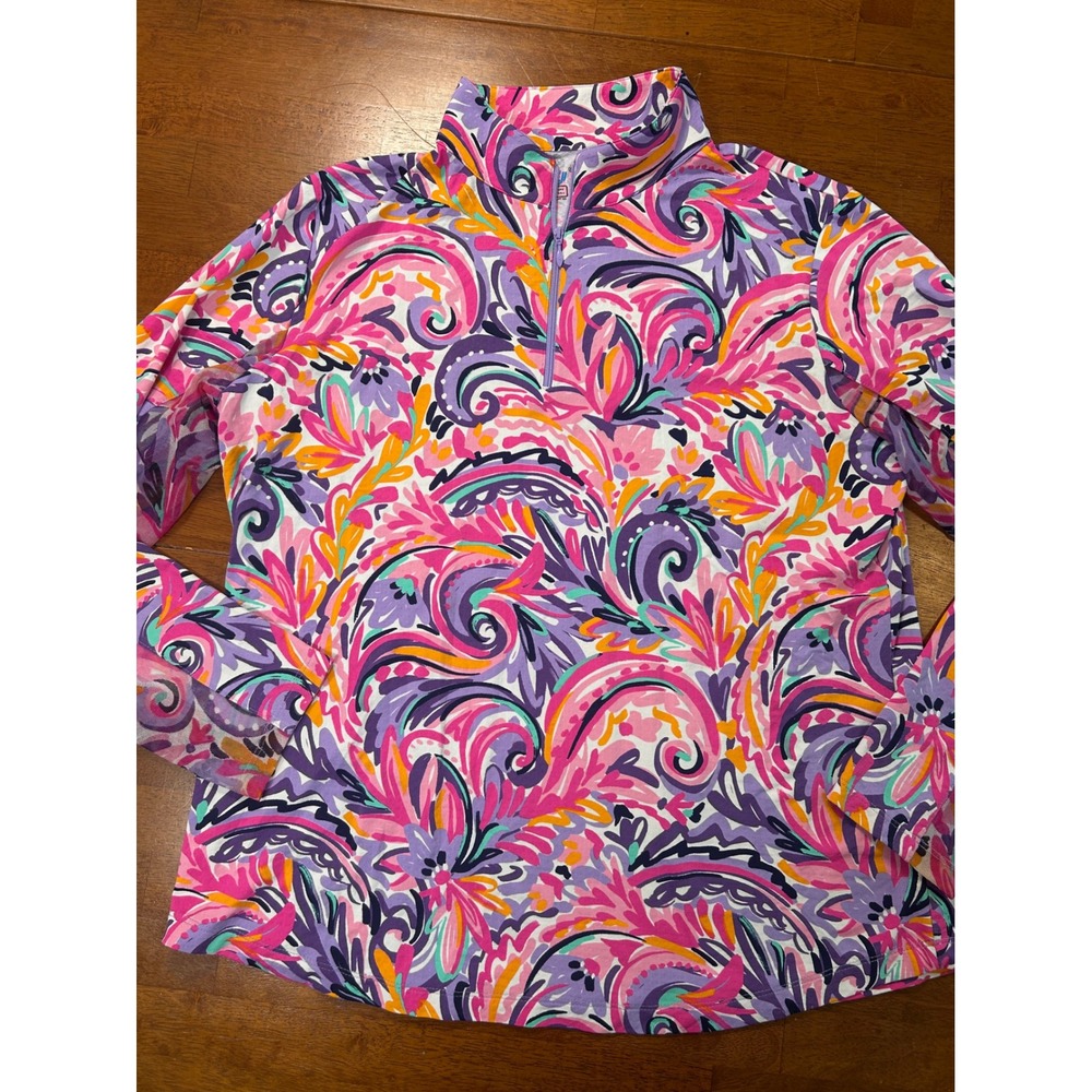 IBKUL Quarter Zip Pullover Women XL Pink Purple Paisley UPF 50 Sun Shirt